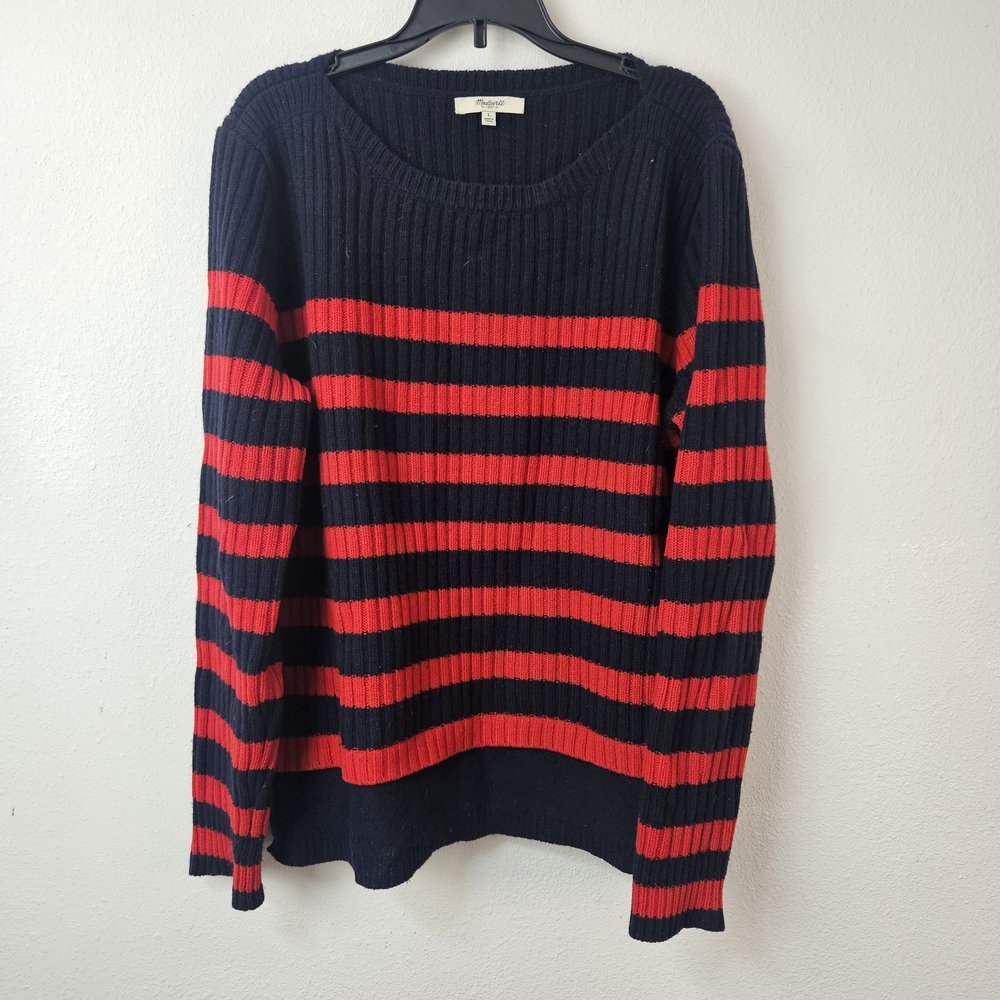 Madewell Size L Sweater Navy Blue and Red Striped Stripes Knit 100% Merino Wool